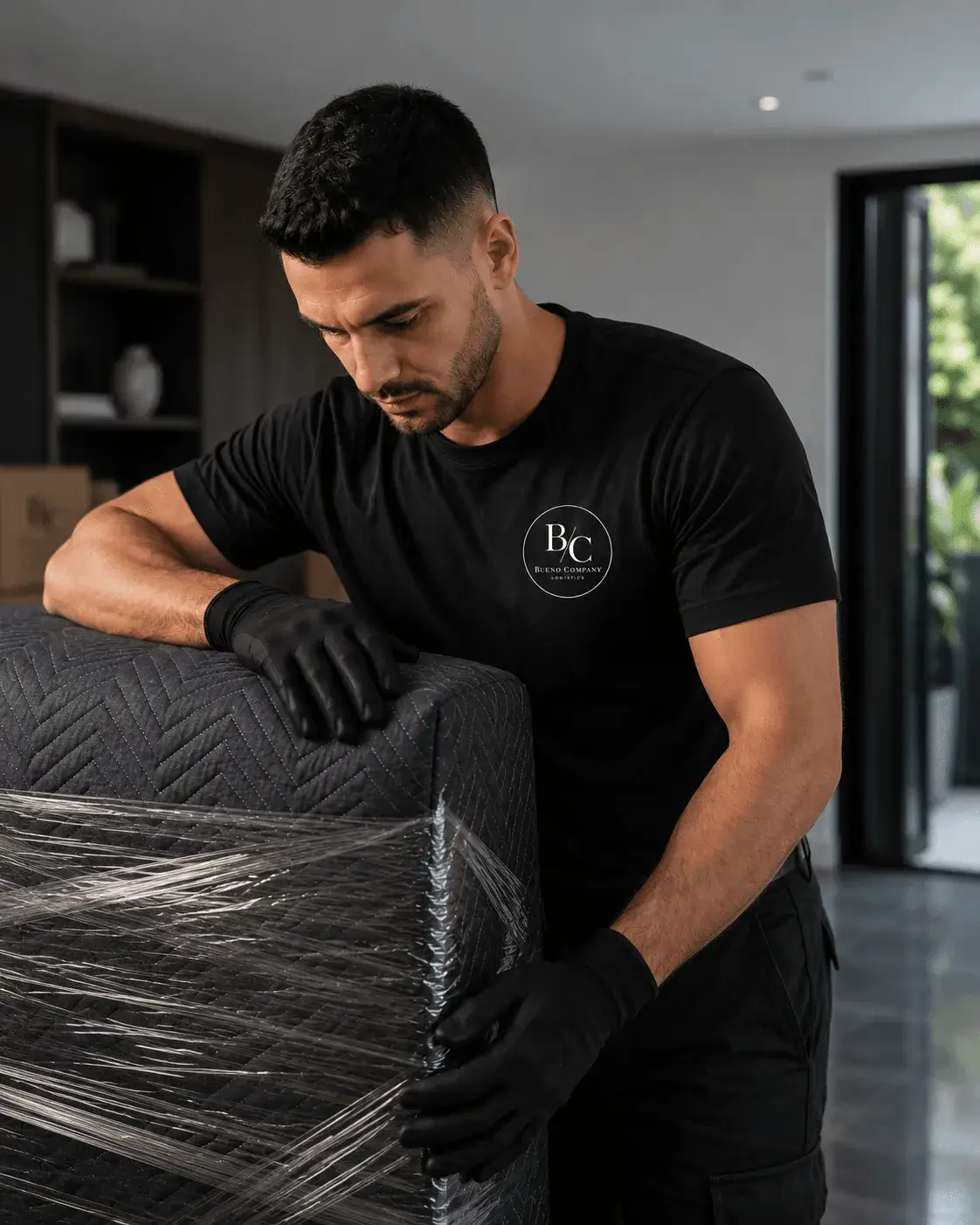 Bueno Company logistics professional carefully handling a client's belongings